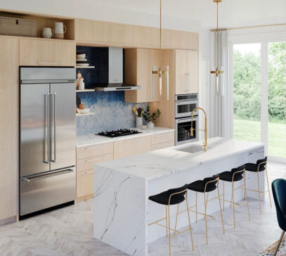 Luxury open-plan kitchen with wood and marble in Perth